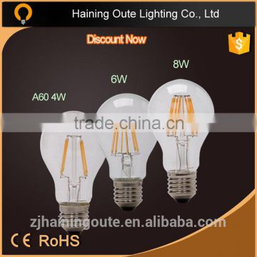 Diammable led bulb edison style a60 e27 4w 6w led cob led filament bulb