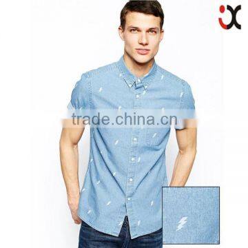 2015 Printed Mens Denim Shirts Short Male Slim Trendy Jeans Clothing (JXW815)