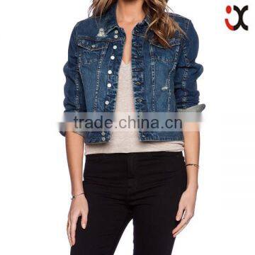 2015 ripped jeans jacket double chest pockets fade damaged detail ladies short jacket JXQ1030