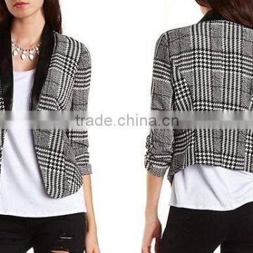 Dongguan product elegant women fuax leather lapel plain blazer