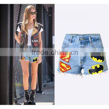 2016 Summer Fashion Women Denim Shorts Ladies Graffiti Printing Punk Style Fringed Hem Breasted High Waist Hip Hop Pants