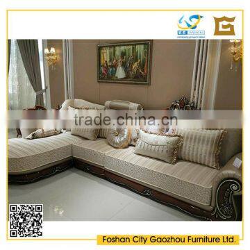 New classic style golden leaf wood carved fabric corner sofa for home furniture