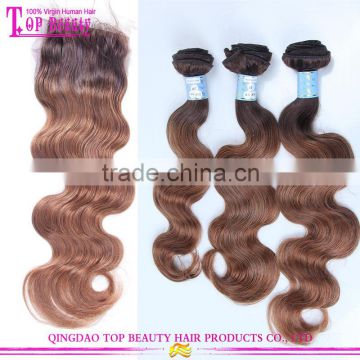 2016 new raw body wave unprocessed european virgin hair #4/33 ombre closure with bundles