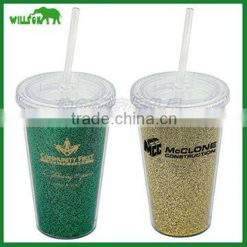 Double Wall Drinking Coffee Plastic Cup With Straw