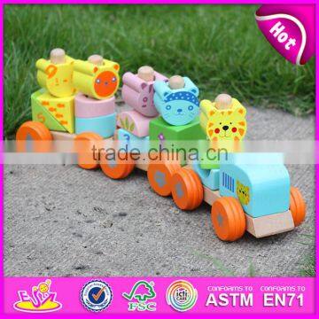 2015 Hot sale Wooden Blocks Train Set Toys Animal Vehicles Toys,Cute wooden animal blocks train toy,Pull Line Train Toy W04A066