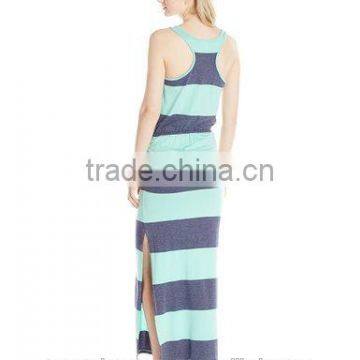 Woman Casual Maxi Dress With Stripe V Neck Guangzhou New Fashion Style Jersey Bodycon Sleeveless Stripe Knit Maxi Dress (Juniors photo-2