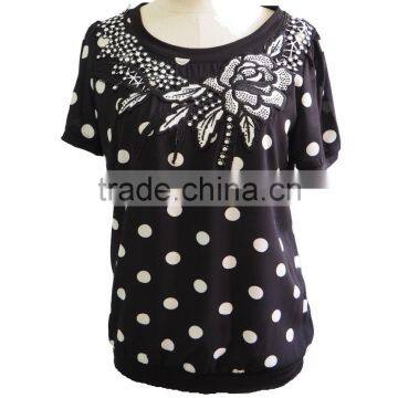 Polka dots Chiffon Round neck with Flower Lace Short Sleeve Ladies Blouse