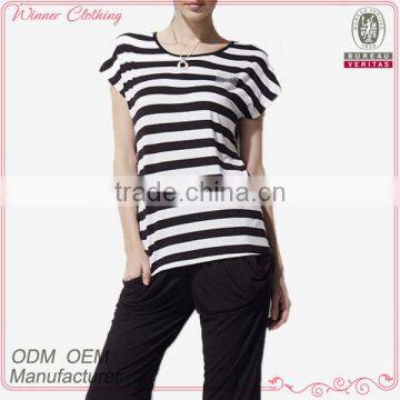 cotton/polyester contrast color stripe fashion t shirt with short sleeve