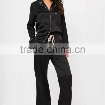 MGOO Custom Embroidery Logo Black Long Sleeves Long Pants Pyjamas Sets Piped Satin Silk Nightwear Sets photo-3