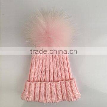 Myfur Baby Pink Removable Real Dyed Raccoon Fur Pom Poms Crochet Hat