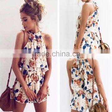 2017 NEW Halter Floral Print Jumpsuit Romper Summer Women Chiffon Playsuit apparel