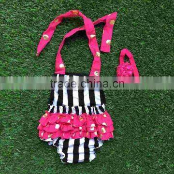 2016 New Baby Girls Kids Infant Toddler Kids Bubble Romper Hot Pink Ruffle Black Stripe Bubble With Headband photo-2