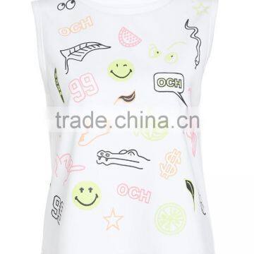 Women's Cartoon Screen Printing Cute Sleeveless O-neck 100% Cotton Loose Tank Tops photo-2