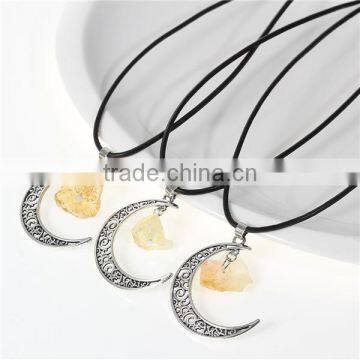 New Fashion Yellow Natural Citrine Druzy /Drusy Moon Pendant Necklace Black Cord Antique Silver Pattern Hollow 44.8cm Long