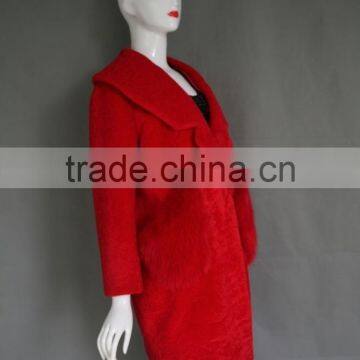2016 Factory Direct Wholesale Fashion Lady's Bright Red Lamb Shearing Fur Jacket Long Warm Real Cashmere Parka photo-2