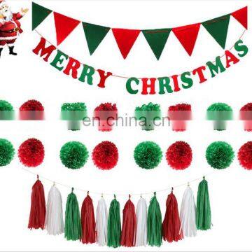 Merry Christmas Banner with Flag and Tissue Paper Tassel Pom Poms Christmas Party Decoration Festival Party Backfrop