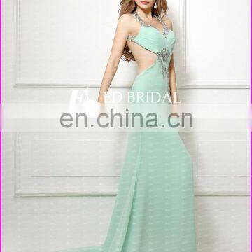 CE98 Attractive Sexy Low Open Back Split Front Halter Light Green Chiffon Evening Dress photo-2