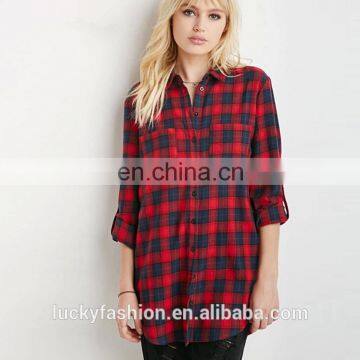 2016 Baiyimo autumn 100% cotton casual women longline check shirt long sleeve blouses wholesale