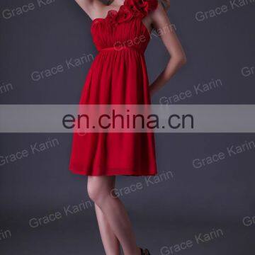 2015 Grace Karin Chiffon One Shoulder Short Red Bridesmaid Dress CL3476 photo-2