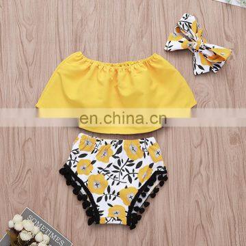 2019 new summer kids cotton yellow top & flower tassel shorts & headband 3pc set 0-2years