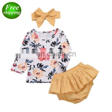 2019 new floral print tshirt tops & kids yellow bloomer pants & headband 3pc set