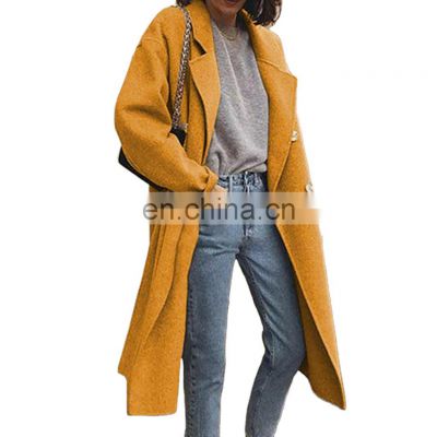 Wholesale women's coat long solid color lapel long sleeve woolen cloth ladies over the knee