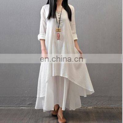 Johnature Cotton Color Women Maxi Dress 2021 Autumn New False Two-piece Long Sleeve Round Neck Loose Plus Size Irregular Dress photo-3
