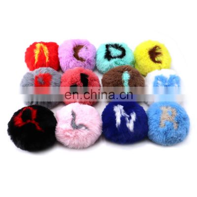 10cm Fluffy Round Pompom Keychain Fur Ball Mini Furry Keychain Pom Pom Fur Pompon Ball With 26 Letter