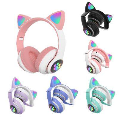 Wireless Cute Cat Ear Lucky Cat Ear Girls Headphones Colorful Lighting LED Over-Ear BT Headband Headset