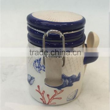 Marine series of embossed 3D hand-painted ceramic seal cans with spoon