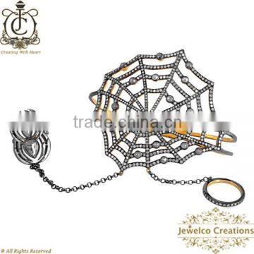 Pave Diamond 14K Gold Spider Web Style Bracelet With Ring Silver Jewelry, Designer Bracelet Jewelry Manufacturer