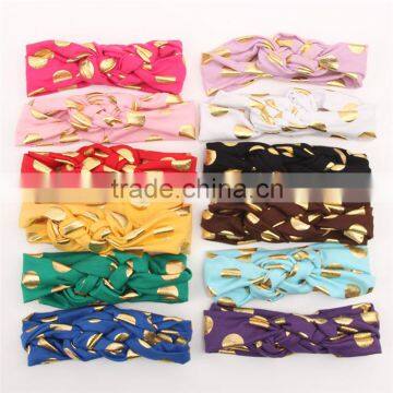 Cotton Fabric Golden Polka-dots Bow Headbands - Foil Gold Wide Elastic Knitted Headwraps photo-6