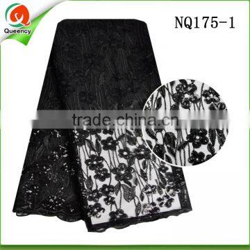 queency black paillette fabric tulle net lace fabric with sequined flowers NQ175-1