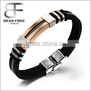 Men Women Identification Stainless Steel Cuff Bracelet Bangle Silicone Chain,Gold Black Silver