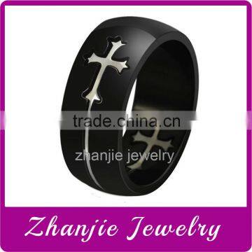 IP Plating Black Religious Jewelry Stainless Steel Hollow Out Catholic Jesus Cross Ring For Muslim