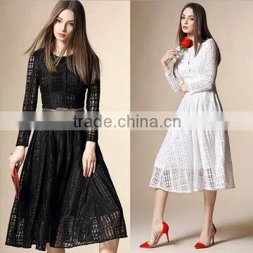 2016 luxurious original design dots lace lady fashion dress with long sleeve and belts