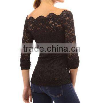 Scallop Neckline women Long Sleeve elegant lace tops blouses ,apparel woman