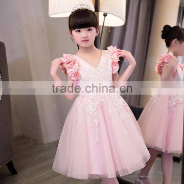 New Baby Frock Design 2017 Sleeveless Pink and Gray Embroidery Flower V Collar Vietnam Party Dresses Chiffion Wedding Dresses photo-5