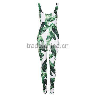 Scoop Neck Sleeveless Palm Leaf Print One Piece Women Tight Latex Catsuit photo-3
