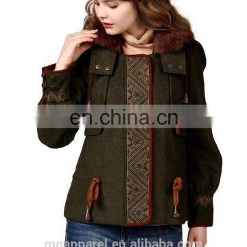 2015 Fashion Winter Warmth Short Coat Embroidered Draw String Hooded Rabbit Fur Collar Woman Coat photo-2