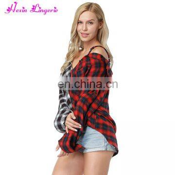 High Quality off Shoulder Stitching Plaid Latest Fashion Korean off Shoulder Blouse photo-2