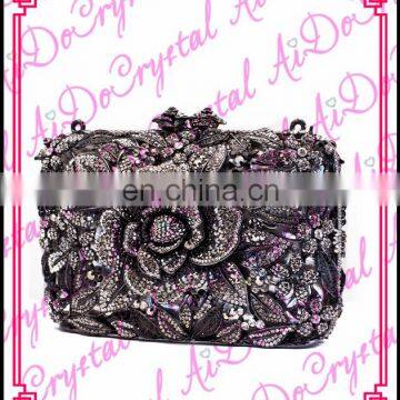 Aidocrystal diamond black with flower pattern trendy double use with shoulder chain bling handmade banquet bag for lady party