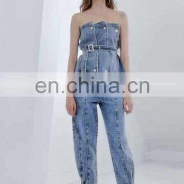 TWOTWINSTYLE Vest For Women Strapless Sleeveless Off Shoulder Patchwork Backless Sexy Denim