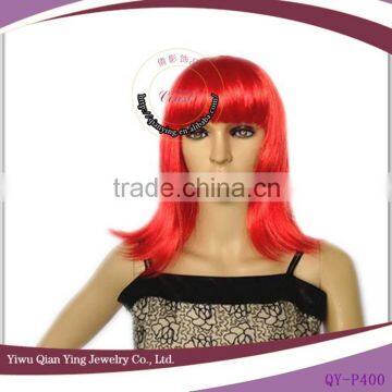 cheap long straight red synthetic party wigs with neat bang