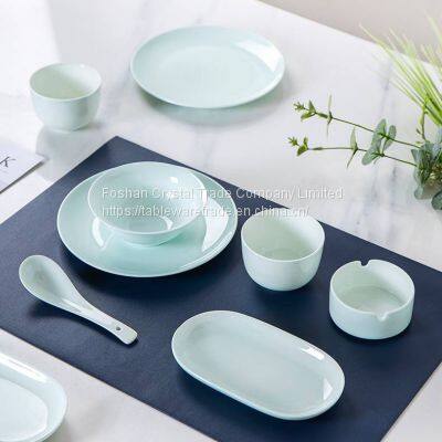 Blue glazed porcelain bowls and plates