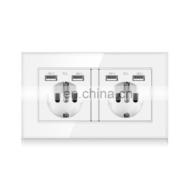 EU Standard Wall Power Plug adapter Socket ,16A Dual USB Electrical Double Outlet Switch 146mm*86mm,Glass Panel,White,110-250V