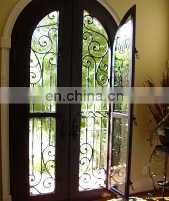 Fancy French Double Entry Security Arched Top Craftsmanship Scrolls Design Exterior Wrought Iron Front Door With Glass