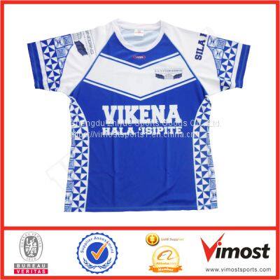 Custom Sublimation Blue and White Rugby Jersey with White Round Neck