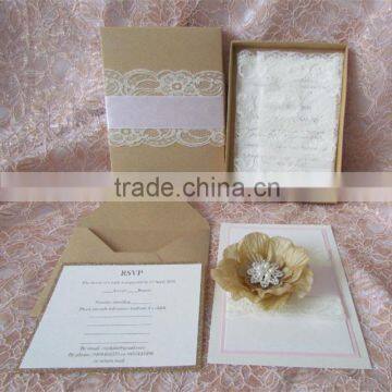 Rustic Chic Vintage Burlap Theme pearl Invitations with Lace & chi flowers