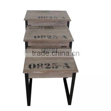 Antique solid wood set of 3 side table with metal stands